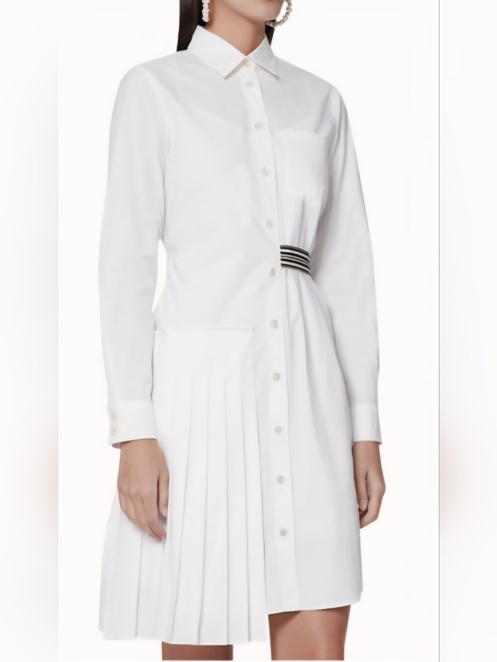 Marella Mastice White long-sleeve shirt dress, pleated side, Striped Belt Tie